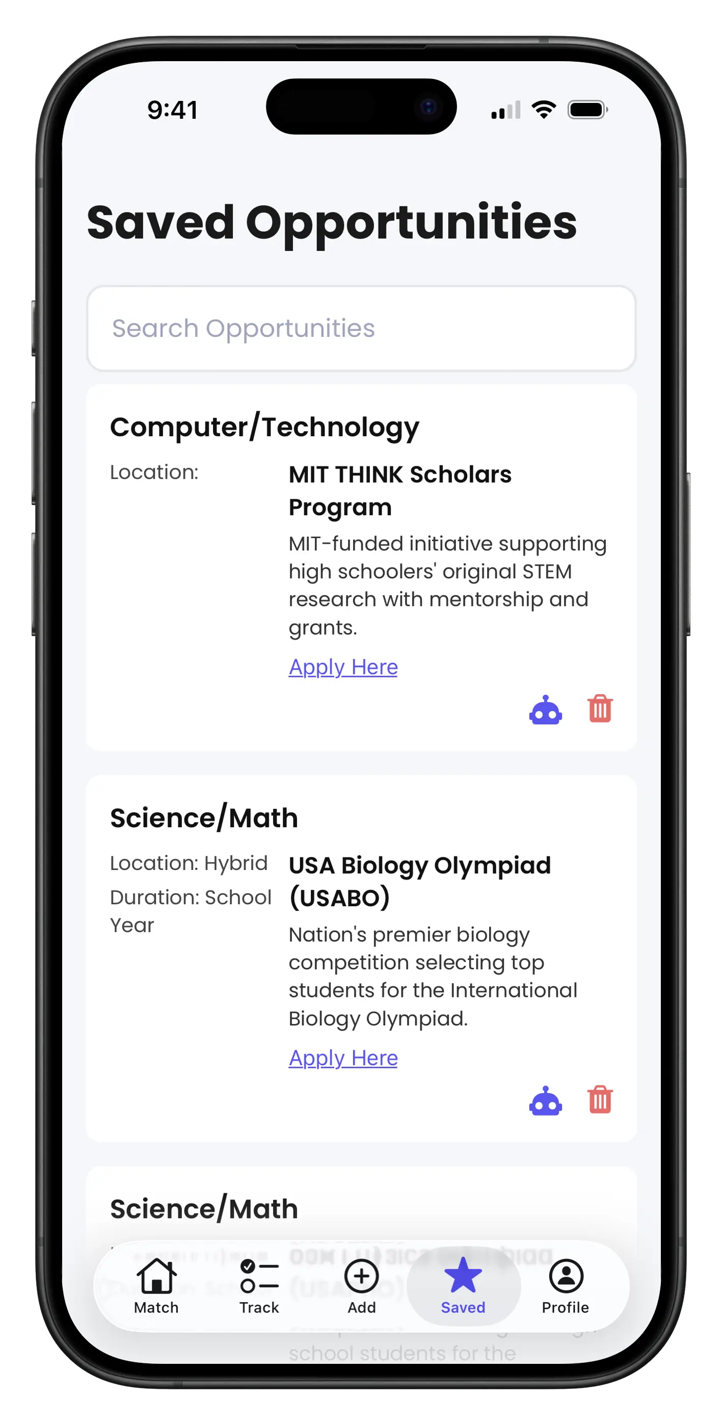 EC-AI app screenshot showing ai-powered saved opportunities feature